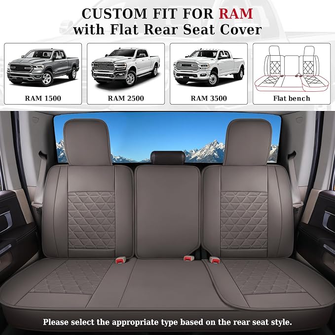 Coverado Leather Car Seat Covers, Waterproof Dooge Ram 1500 Seat Covers Compatible with 2002-2026 Dodge Ram 1500 2500 3500 with Flat Bench (Full Set, Coffee) - Image 4