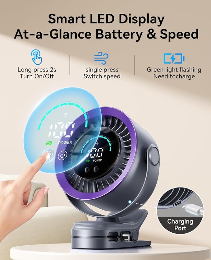 KIMMOO Portable Clip on Fan, 100-Speed Rechargeable USB Fan with LED Display, 360° Rotation & Strong Airflow Desk Fan, Up to 17 Hours Small Battery Fan for Outdoor Travel Camping Treadmill Car (Grey) - Image 6