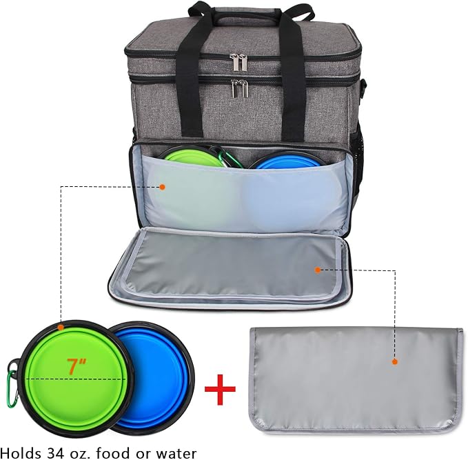 Teamoy 2 Layer Dog Travel Bag, Pet Supplies Weekend Tote Organizer, Gray | Large Dog Bag for Supplies with 2 Silicone Collapsible Bowls, 2 Food Carriers, 1 Water-Resistant Placemat - Image 4