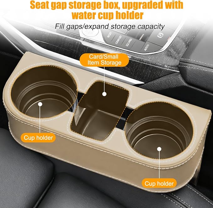 Car Seat Gap Filler Organizer with Cup Holder, Leather Multifunctional Vehicle Front Seat Crevice Storage Box Bag, Automotive Console Side Bucket Pocket, Universal Fit (Beige) - Image 4