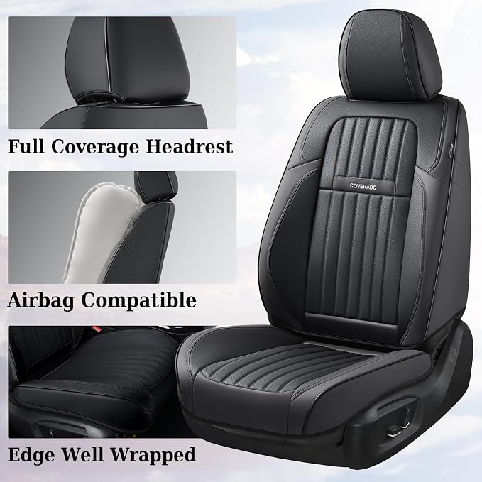 Coverado Seat Covers, Car Seat Covers Front Seats, Car Seat Cover, Car Seat Protector Waterproof, Car Seat Cushion Nappa Leather, Black Seat Covers for Cars Carseat Cover Universal Fit for Most Cars - Image 3