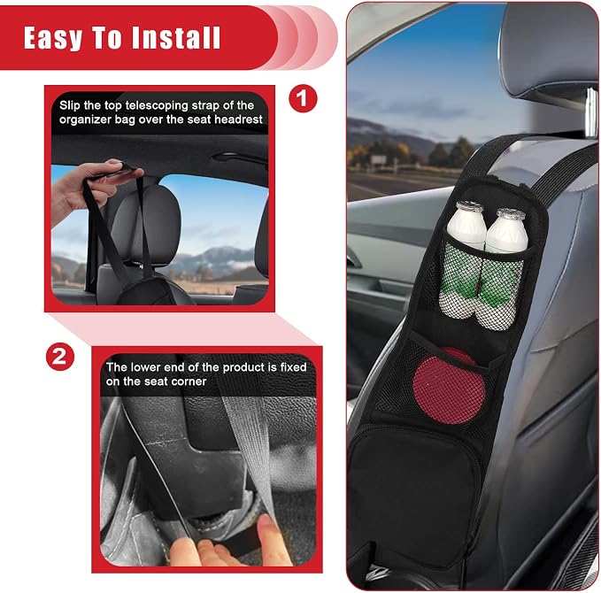 QUICTO 2PCS Car Seat Storage Hanging Bag, Multi-Pocket Seat Side Organizer, Multifunctional Mesh Net Pocket, Can Hold Mobile Phone, Wallet, Glasses, Suitable for Cars, SUVs, Trucks - Image 5