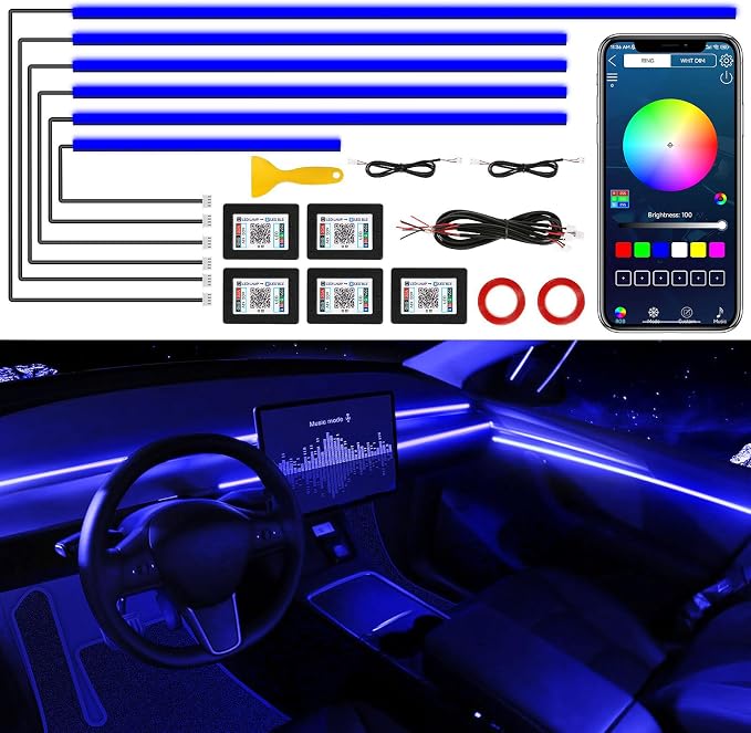 Acrylic Interior Car LED Strip Light with Wireless APP, Car Accessories 6 in 1 with 175 inches 593 LEDs Fiber Optic Ambient Lighting Kits, RGB Dynamic Music Sync Neon LED Strip Light for Car by MAODANER