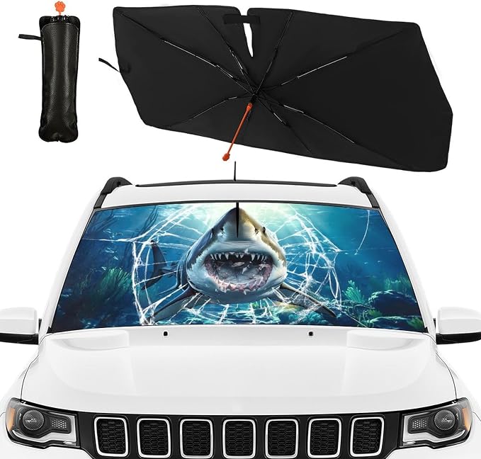 Shark Car Windshield Sun Shade Umbrella Bendable Handle Foldable Funny Sunshade for Car Windshield Block UV Rays Keep Vehicle Cool for Most Sedans SUV Trucks Cars 57"x30" - Image 2