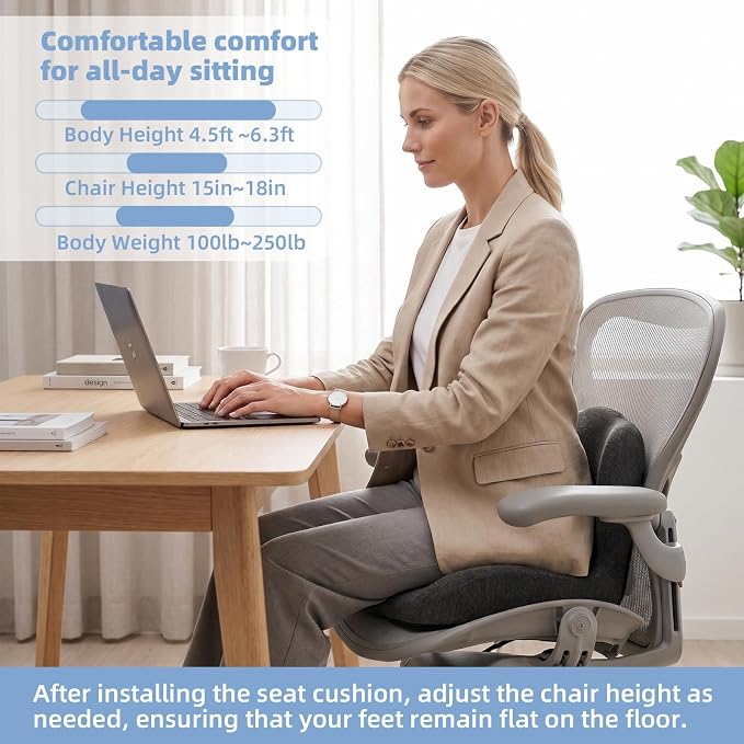 Memory Foam Seat Cushion,Office Chair Cushion with Lumbar Support for Back Pressure Relief, Car Seat Cushion with Adjustable Strap,Sciatica Pad Cushions for Car,Truck, Desk,Gaming Chair - Image 7