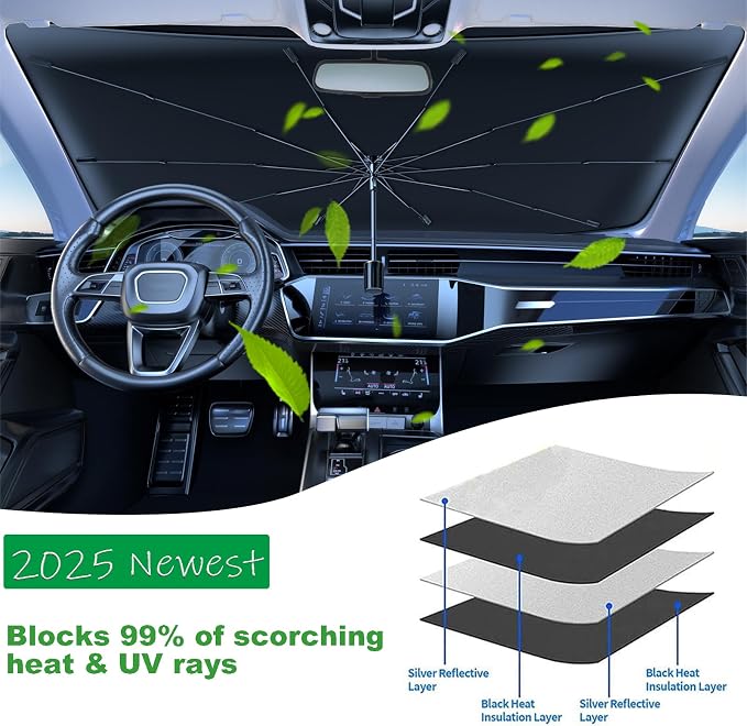 Windshield Sun Shade 2025 Car Accessories 100% Blackout Car Front Windsow Shades Umbrella Automotive Sun Visor Block Heat Insulation Protection (Red) - Image 7