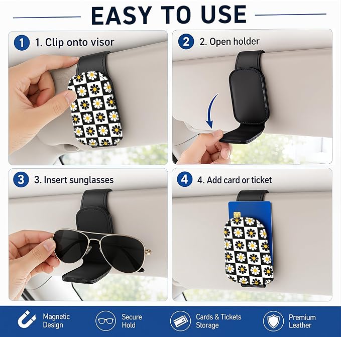 Leather Magnetic Sunglass Holder for Car Sun Visor, Cute Eyeglass Ticket Card Hanger Clip, Universal Auto Interior Accessories for SUV Pickup Truck, Daisy Checkered - Image 5