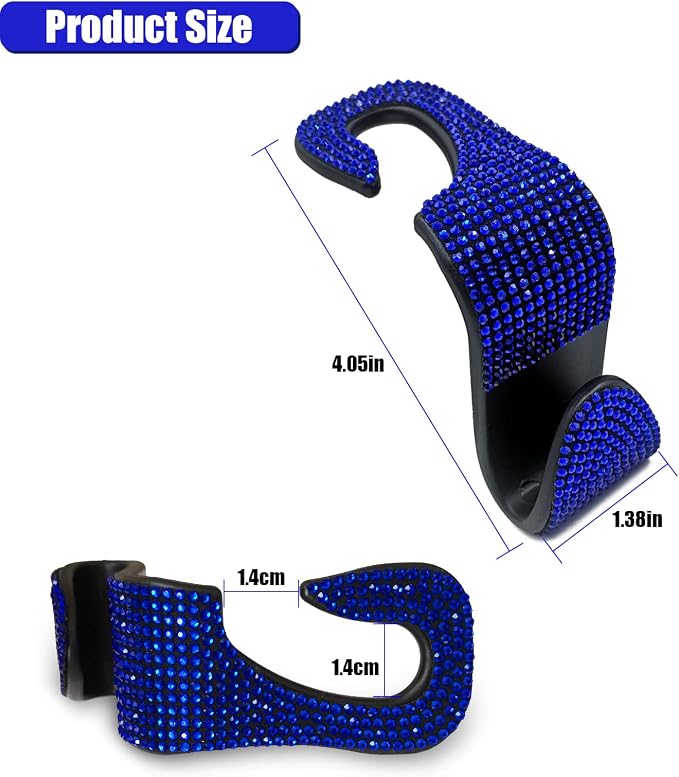 OSIFIT 2PCS Car Seat Hooks, Bling Car Rhinestone Headrest Hooks, Universal Bling Car Interior Accessories, for Handbag, Clothes, Purse, Water Bottle (Blue) - Image 2