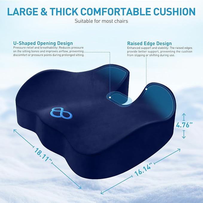 BlissTrends Memory Foam Seat Cushion for Office Chair & Car Seat, Blue | Ergonomic Tailbone & Sciatica Support with Removable Velvet Cover for Pressure Relief and Long Sitting Comfort, 3.3" Thick - Image 2