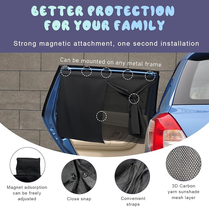 Ohleats 1 Pack Car Window Shade, Strong Magnetic Double Layer Side Window Curtain for Heat/UV Protection, Universal Vehicle Sunshades Window Cover for Baby & Kids (Black) - Image 3