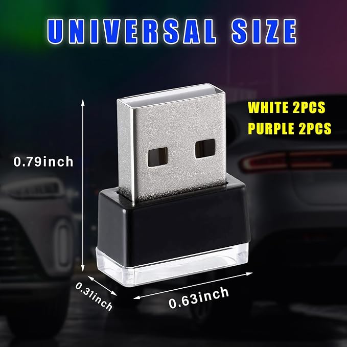 Augeny 4 PCS USB LED Car Interior Atmosphere Lamp, Plug-in USB Decor Night Light, Portable Auto Ambient Lighting Kit, Universal Vehicle Interior Accessories for Most Cars (White & Purple) - Image 2