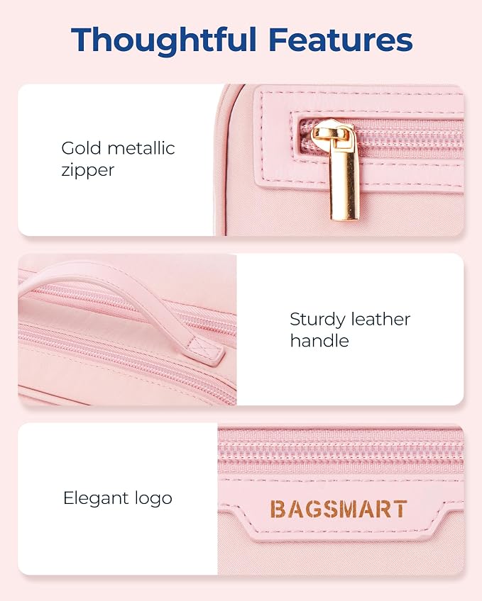 BAGSMART Travel Makeup Bag, Make Up Bag with Multiple Compartments for Organizer, Compact & Durable Cosmetic Organizer for Women for Travel Accessories (Pink - Image 7