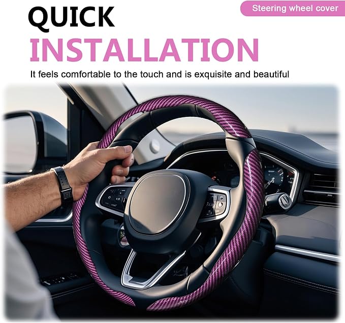 3pcs Universal Carbon Fiber Steering Wheel Cover - Anti-Slip & Segmented Design, Universal 99% Durable Steering Wheel Protector for Men and Women, Car Interior Accessory (Pink) - Image 6