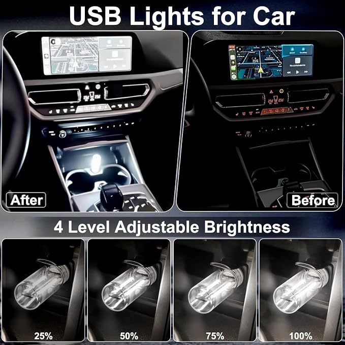 2Pcs Car USB Lights, Plug-in Retro Car Ambient Lighting Kit Dimmable,White | Touch Adjustment Light, Portable Mini Glass Bottle LED Bulb Nightlights for Car Bedroom Hallway Camping Holiday Decoration - Image 3