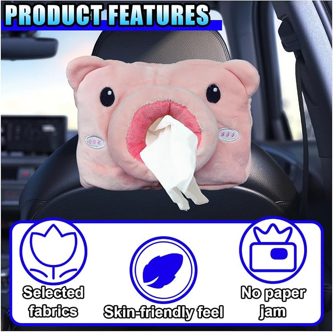 Cute Car Tissue Holder, Cartoon Auto Backseat Large Tissue Box, Car Paper Towel Holder Case, Universal Vehicle Napkin Organization Accessories Fit for Cars (Pig) - Image 3