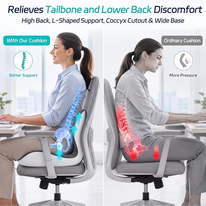 Back and Seat Cushion for Office, Back & Tailbone Pain Relief, Raised Cushion for Lumbar and Butt, Double-Sided Anti-Slip, Improves Sitting Posture, Ergonomic Memory Foam Lumbar Cushion - Image 2