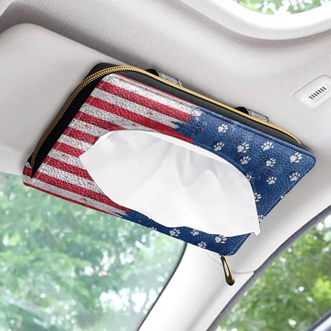 Biyejit 4th of July Visor Tissue Holder, American Flag Paws Napkins Box Holder, Tissue Dispenser for Decoration, Suitable for Most Cars - Image 2
