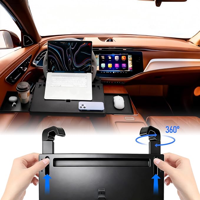 2 in 1 Steering Wheel Desk Dual Slide - 15"Out Trays Laptop Holder | Adjustable Laptop Tray,Car Seat Gap Filler Organizer with Tablet Slot Anti Slip Surface for Eating Writing Working for Car - Image 3