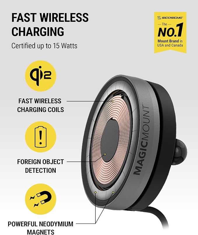 Scosche Qi2 Wireless MagSafe Car Mount Charger, 15W Magnetic Suction Cup Windshield/Dashboard Cell Phone Holder with Vent Clip & Fast USB-C Car Charger Compatible with Apple iPhone 16/15/14/13/12, S25 - Image 2