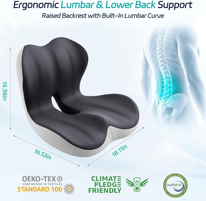 Back and Seat Cushion for Office, Back & Tailbone Pain Relief, Raised Cushion for Lumbar and Butt, Double-Sided Anti-Slip, Improves Sitting Posture, Ergonomic Memory Foam Lumbar Cushion - Image 3