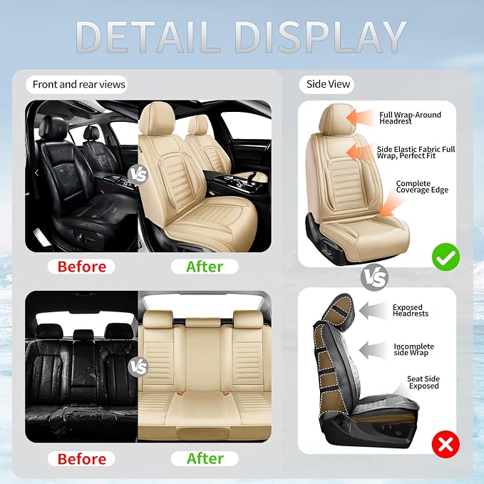 Fit FJ Cruiser Car Seat Covers for Toyota FJ Cruiser 2007-2013 2014 -Premium Leather, Waterproof，Breathable，All-Weather Seat Cushion Protecto & Airbag Compatible, Full Set Beige - Image 6