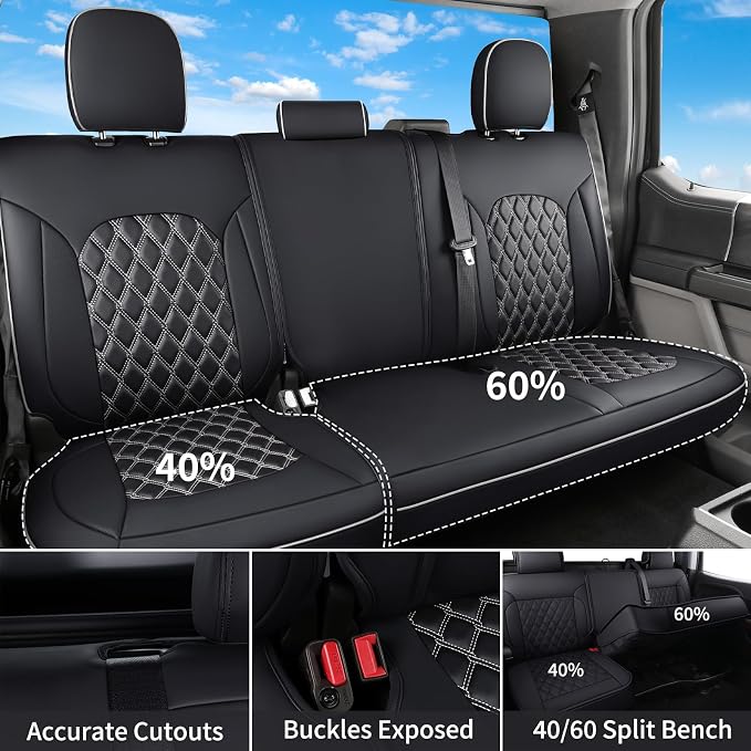 Huidasource Tacoma Seat Covers Full Set, Nappa Leather Pickup Seat Cushion Cover Fit for Toyota Tacoma 2024-2026 Double&Crew Cab SR SR5 Limited TRD Sport/Off Road Trailhunter (Full Set/Black&White) - Image 2