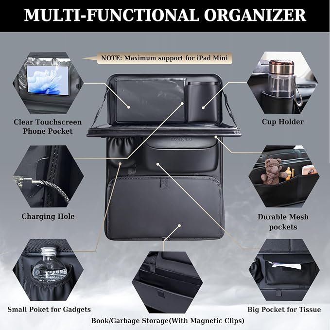 Coverado Backseat Car Organizer, Nappa Leather Car Seat Organizer with Touch Screen Tablet Holder, Foldable Food Tray, Kick Mats Protector, Multi Car Storage Accessories, Garbage Bag Holder-1 Pack - Image 3