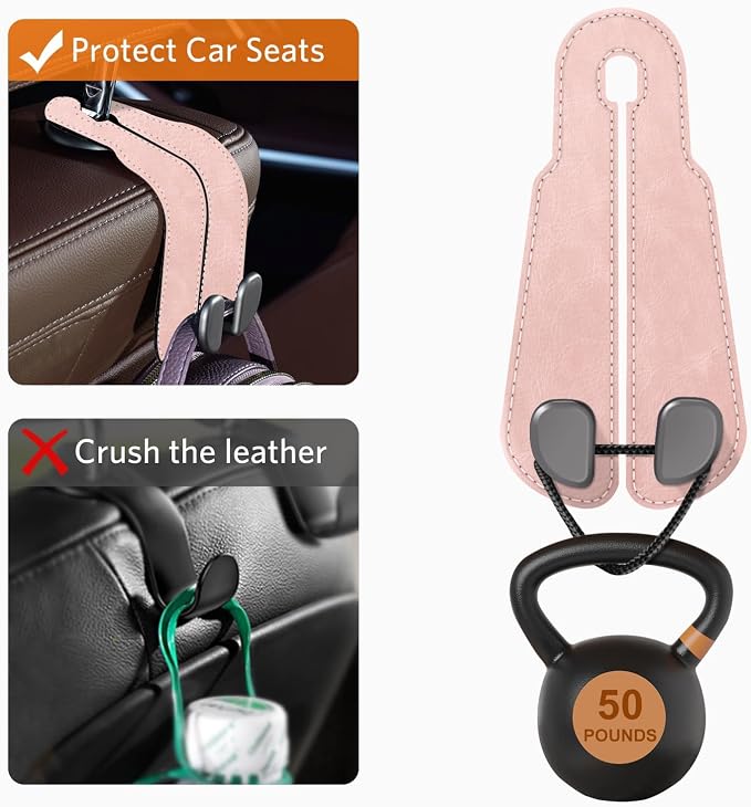 CoBak Purse Hook for Car - Universal Premium Stitched Leather and Aluminum-Magnesium Alloy Double Car Seat Back Storage Hook for Purses, Handbags, Bags (2 Pack),Blush Pink - Image 5