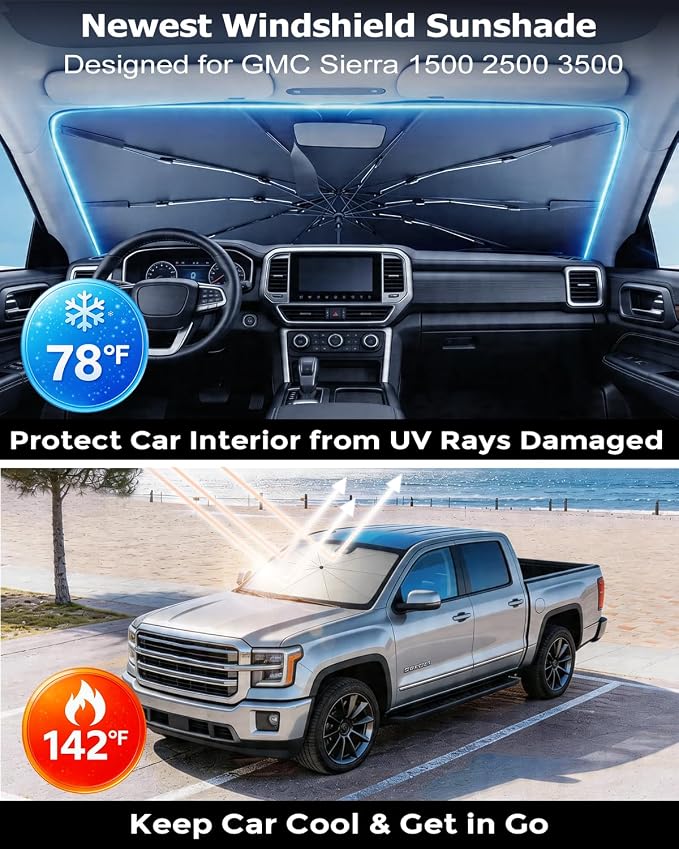DMJN Umbrella Windshield Sun Shade for GMC Sierra 1500 2500 3500 (2014-2026), Car Sunshade for Front Windshield [Nano Ice-Crystal Coatings] UPF50+ Heat & UV Block, Protect Interior & Keep Cooler - Image 2