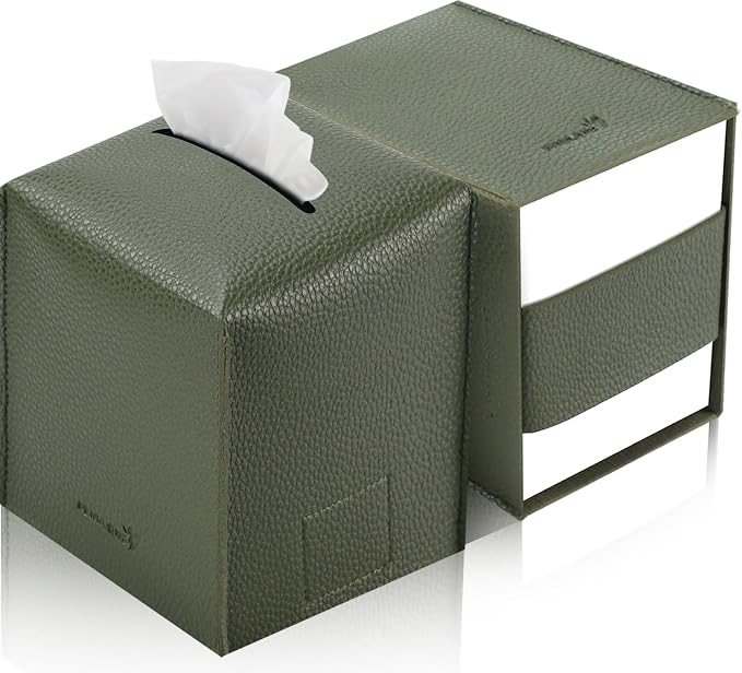 Tissue Box Cover 5X5X5'' PU Leather Tissue Holder Square Tissue Cube Box Organizer for Bathroom Vanity Countertop, Car, Night Stands, Office, Home, Kitchen (2Pack, Dark Green) by PENGLONGHOMEDECORATION