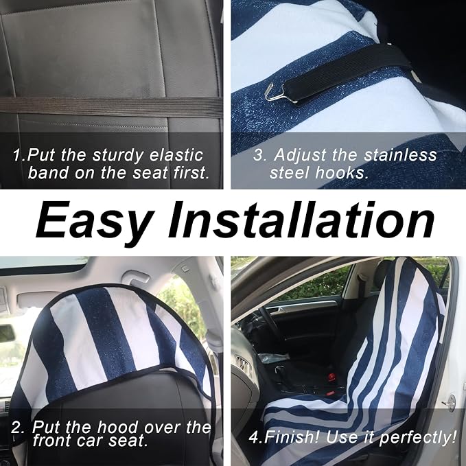 Sweat Towel Car Seat Cover Protector Front Seats for Gym Workout, Running, Swimming, Beach and Hiking, Waterproof Universal Seat Cover for Car, Trucks, Van & SUV (1, White/Blue Stripe, Front) - Image 6