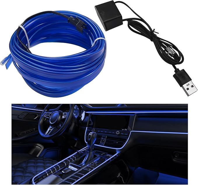 EL Wire Interior Car LED Strip Lights, 16.5FT 5V EL Wire Strip Neon Glowing Strobing Light w/ 5mm Sewing Edge, USB Electroluminescent Ambient Lighting Kit for Car Inside Decoration (Blue) by Pxobiug