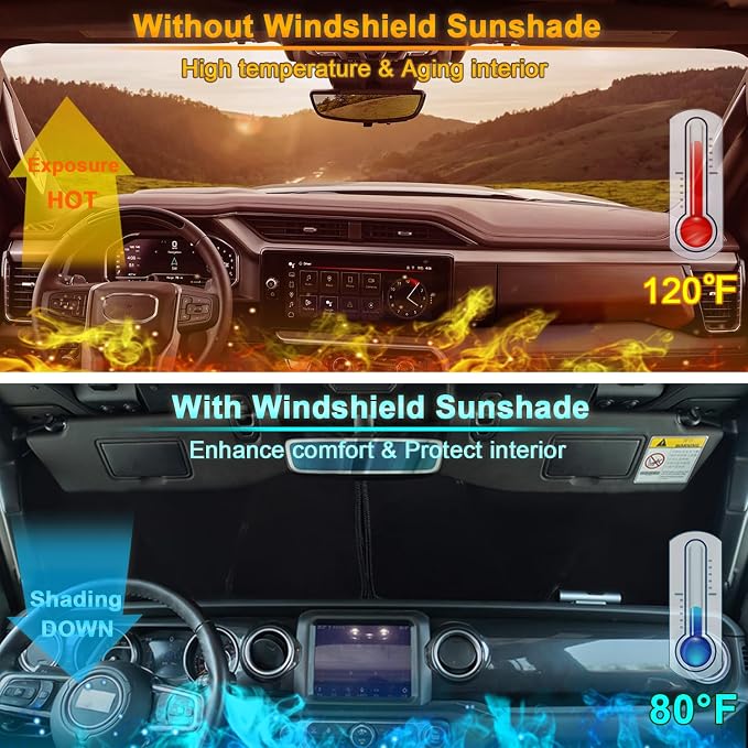 Premium Windshield Sun Shade for 2018-2026 Jeep Wrangler JL JLU & 2020-2026 Jeep Gladiator, Reflective 310T Material Front Window Sun Visor Blocks UV Rays Foldable Sunshade with Storage Pouch - Image 2