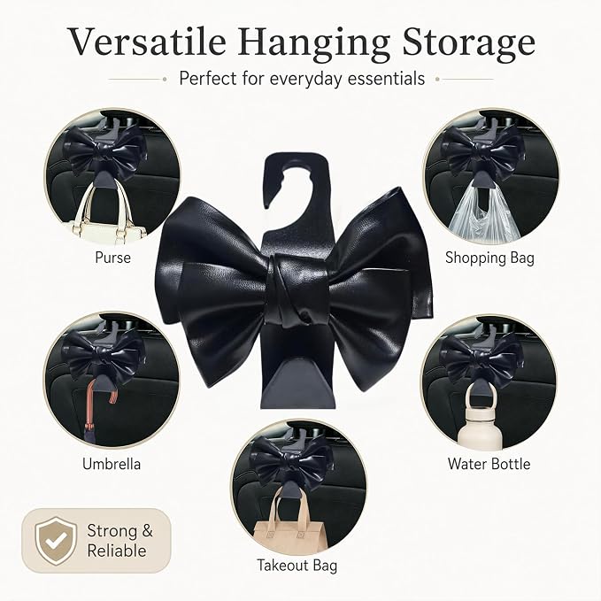 2-Pack Cute Bow Car Purse Hooks, Headrest Hangers, black | Cute bow hooks keep purses and bags organized within reach while saving space; fits most car headrests - Image 3