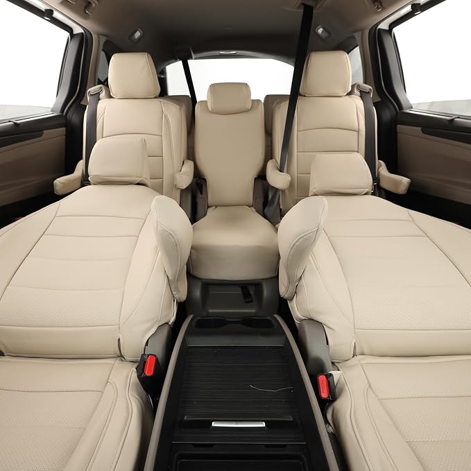 Full Set Car Seat Covers for Honda Odyssey 2005-2010,8-Seater,Faux Leather | for EX,EX-L,Touring,2nd Row 40/20/40 Split Seat,Waterproof Seat Protector,Fit Like A Glove(Beige) - Image 6