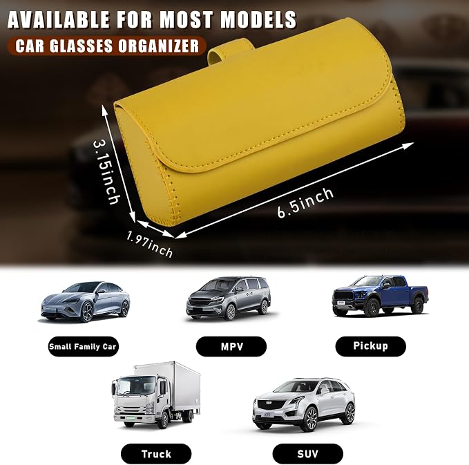 Augeny Sunglasses Holder for Car Sun Visor, Leather Auto Eyeglasses Storage Case with Hidden Magnetic Closure, Protective Glasses Organizer Box, Vehicle Visor Accessories for Woman Man (Yellow) - Image 2