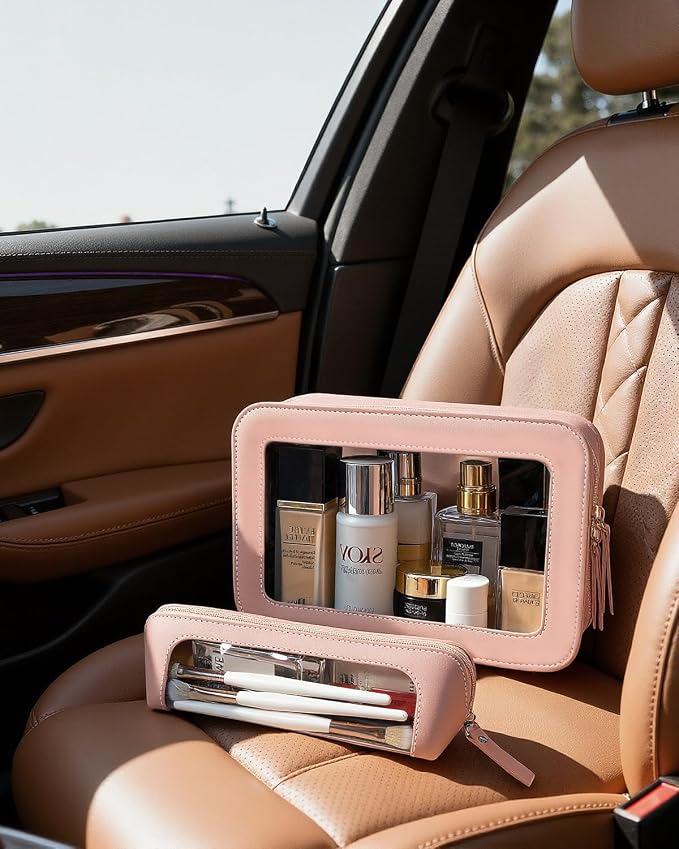 2Pack Clear Makeup Bags Set, Clear Pencil Case Pouch,Portable Leather Travel Toiletry Bag Pink Car Accessories for Women - Image 5