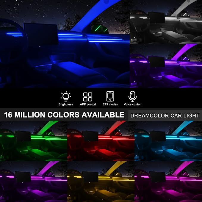 Acrylic Interior Car LED Strip Light with Wireless APP, RGB 6 in 1 with 175 inches 593 LEDs Fiber Optic Ambient Lighting Kits, 16 Million Colors Sound Active Function Car Neon Lights - Image 2