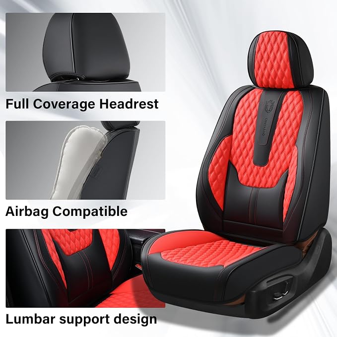 Coverado Car Seat Covers Full Set, 5 Seat Leather Seat Covers for Cars, Car Seat Protector with Lumbar Support, Waterproof Seat Covers Universal Fit for Most Cars SUV Trucks (Red&Black) - Image 3
