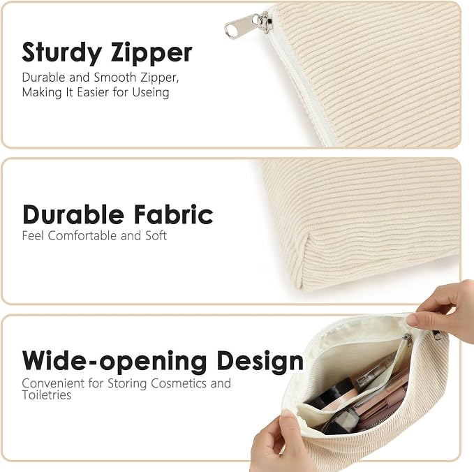Fammart Corduroy Makeup Bag, Travel Cosmetic Bag Organizer Toiletry Bag Make Up Bags with Zipper & Compartments for Women Girls, 2PCS - Image 5