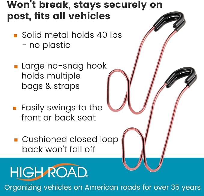 High Road Unbreakable Car Bag Hooks - Large Car Seat Hooks for Purse, Backpack, Coats, Hats and Heavy Bags up to 40 lbs - Secure Attachment Fits All Headrest Posts, 2 Pack - Image 2