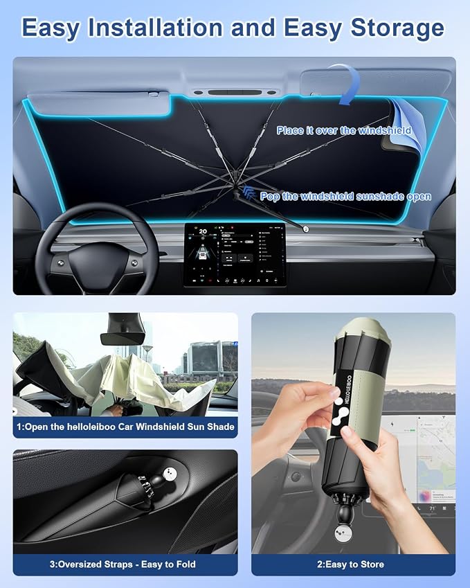 helloleiboo Car Windshield Sun Shade Umbrella 57" x 32", Windshield Sun Shade Foldable with 5-Layer Thickened Vinyl Coating Reflective Heat & UV Protection Fits Most Sedans & Compact SUVs - Image 5