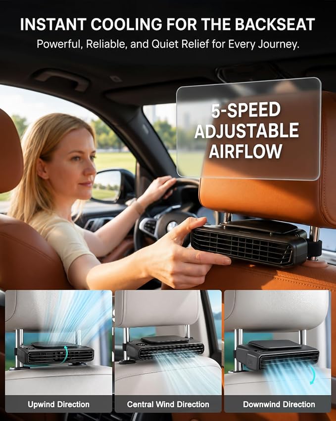 Car Seat Fan for Driver Backseat 3000 mAh Rechargeable Cooling Fan Bladeless Airflow Cooling Fan for Back Seat Kids Passengers with 5 Adjustable Wind Speeds for Outdoor, Fits in Most Car SUV Trucks - Image 3