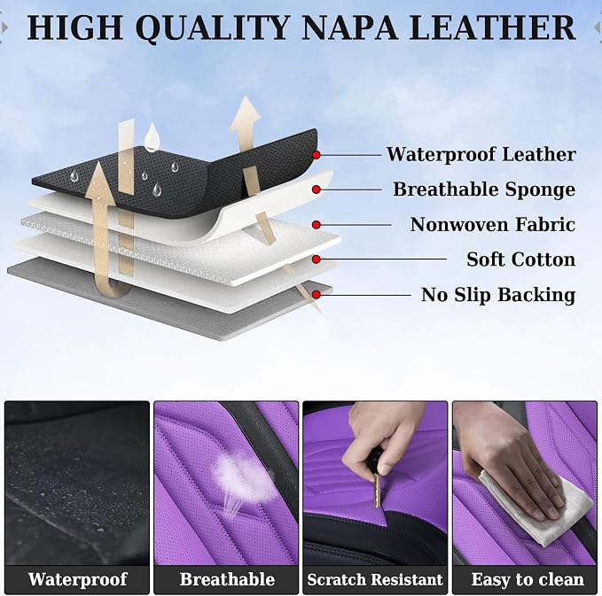 Coverado Car Seat Covers Full Set, Car Seat Protectors Leather Seat Covers for Cars, Automotive Seat Covers Car Accessories Universal Fit for Most Sedans SUV Pick-up Truck(Black&Purple) - Image 7