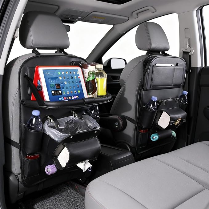 Universal Premium Leather Foldable Car Backseat Organizer with Table Tray, Car Seat Back Protector with Garbage Bag Touch Screen Pad Holder, Car Kick Mats with Tissue Box (Black) by QIANKUNCaraccessories