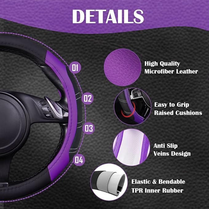 CAR PASS Line Rider Microfiber Leather Sporty 14.5-15 inch Steering Wheel Cover Universal Fits for 95% Truck,SUV,Cars, Anti-Slip Safety Comfortable Design (Black Purple) - Image 4