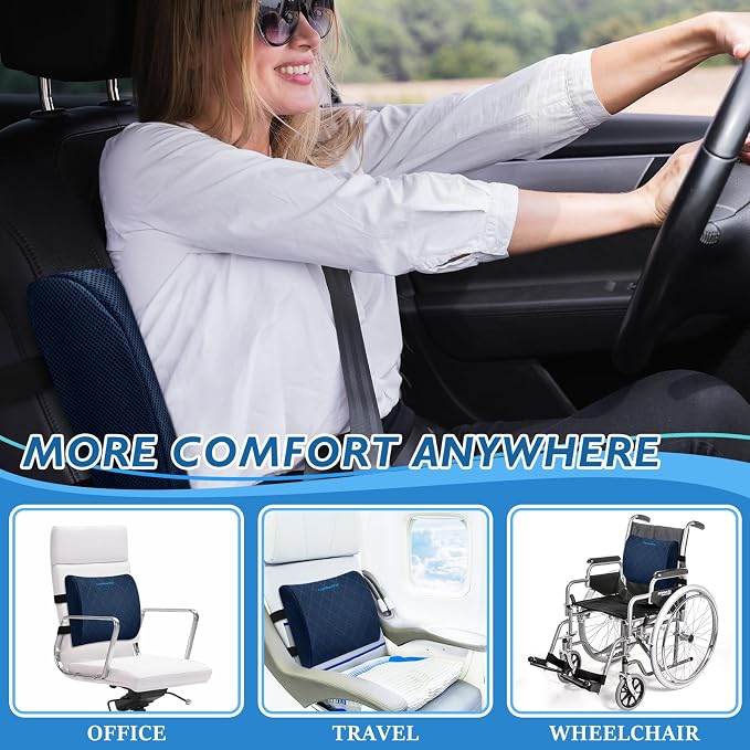Lumbar Support Pillow for Office Chair, Back Support, Memory Foam, Blue | Improve Sitting Posture & Back Pain Relief. Lumbar Pillow Fits Office, Gaming & Car Chairs with Adjustable Dual Straps - Image 6