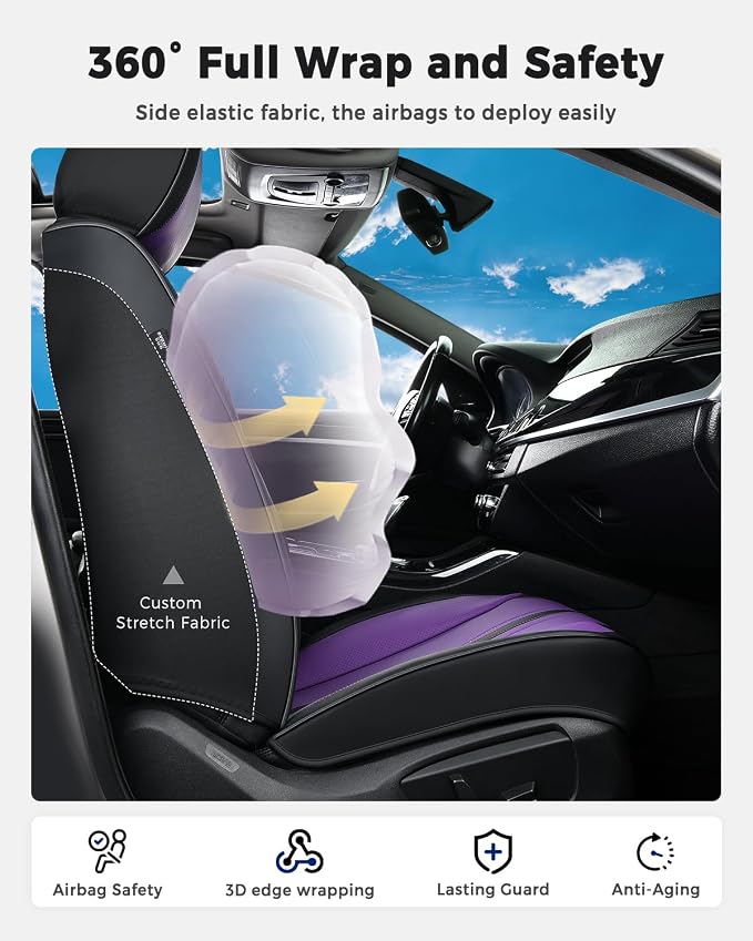 Huidasource Universal Car Seat Cover, Luxury Faux Leather Car Seat Cover Set Velcro Adjustable with Airbags, Thinning Design Perforation Cooling＆Heating Fit for Most Cars Vans Trucks SUVs Black&Purple - Image 4