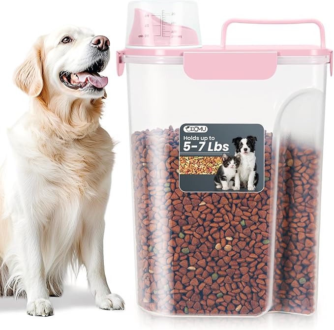 Dog Cat Food Storage Container with Cup (Pink, 5L) | Pet Food Pourable Container Airtight with Large Spout, BPA-Free Plastic Food Dispenser for Pet Food, Bird Seed, Rice, Flour by ODOMU
