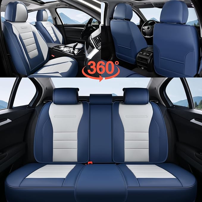 Coverado Car Seat Covers Front, Seat Covers for Cars, Waterproof 2-Pack Car Seat Cushions, Leather Carseat Seat Protectors, Universal Seat Covers Fit for Most Sedans SUV Pick-up Trucks(Blue&White) - Image 7
